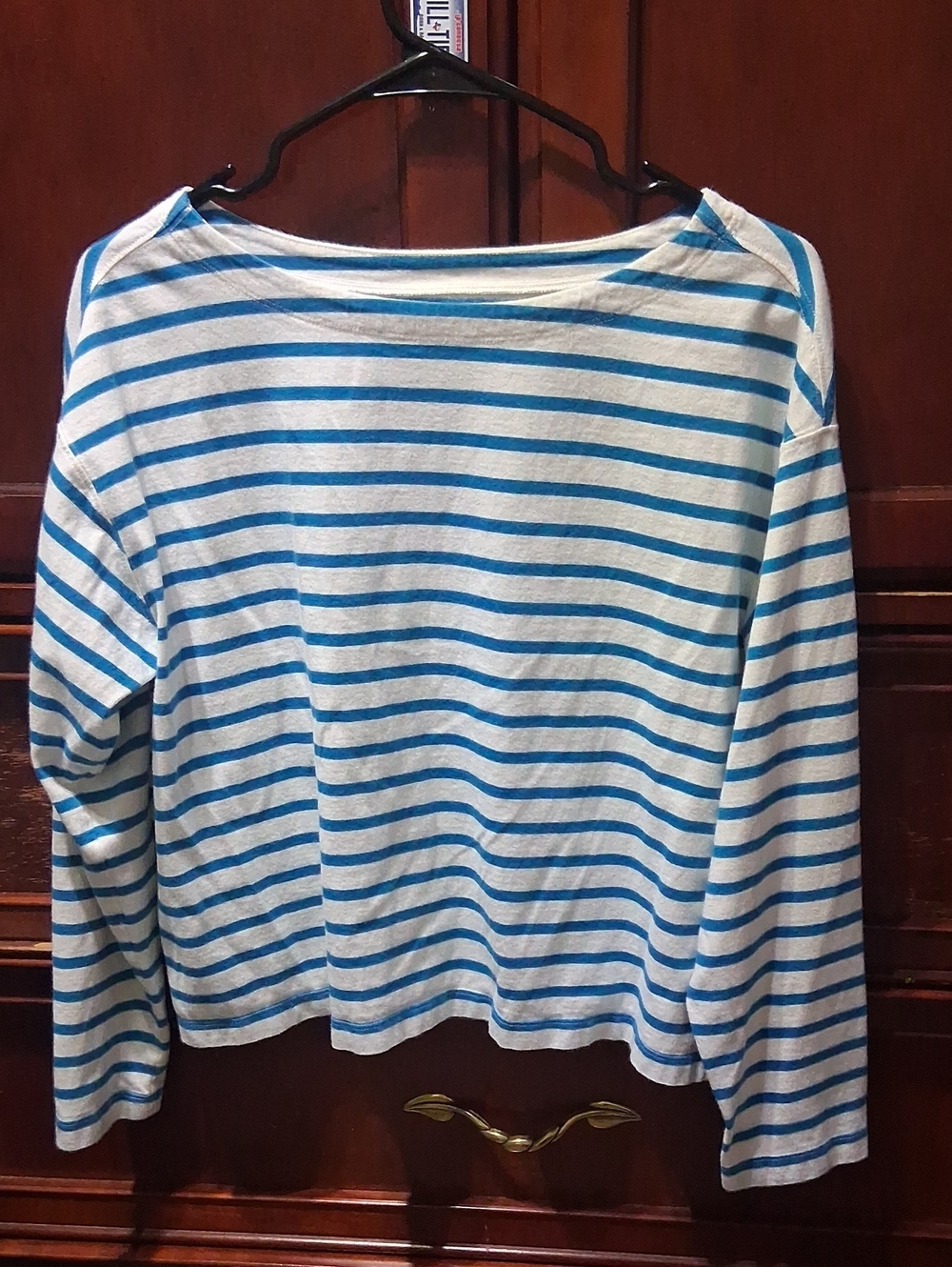Old Navy Blue and White Striped Boatneck Long-Sleeve Top